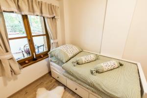 ein Schlafzimmer mit einem Bett mit Kissen und einem Fenster in der Unterkunft Vinařství Fiamoli in Vracov