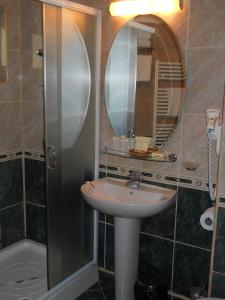 a bathroom with a sink and a shower and a mirror at Casa Domneasca in Curtea de Argeş