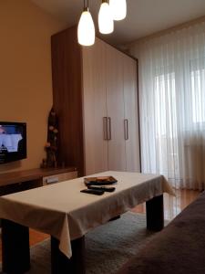 uma sala de estar com uma mesa e um armário em Hulk em Vršac