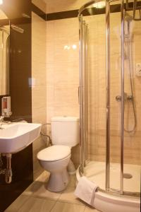 W łazience znajduje się toaleta, umywalka i prysznic. w obiekcie Vinci Hotel Airport w mieście Modlniczka