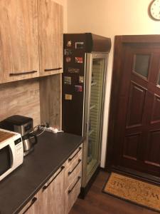 a kitchen with a black refrigerator and a door at Lake House in Izvoru Mureşului