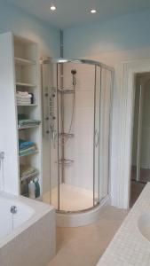 un bagno con doccia e lavandino di Die Alte Schule app a Saint-Vith