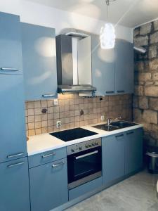 cocina azul con fregadero y fogones en Apartment Chupa, en Korčula