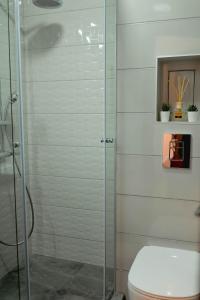 a bathroom with a toilet and a glass shower at B&P studios in Varna City