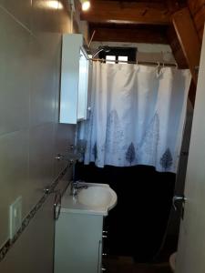 uma casa de banho com um lavatório e uma cortina de chuveiro em La Ñata em Tornquist