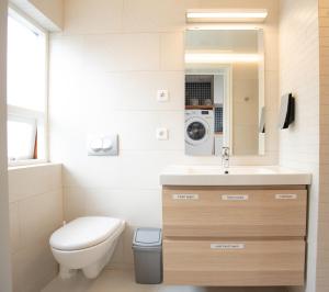 a bathroom with a toilet and a sink and a washing machine at Old Airline Guesthouse in Höfn +30 photos