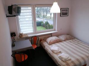 a small bedroom with a bed and a window at Ośrodek Wczasowy Daga in Dziwnów