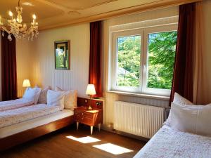 sypialnia z dwoma łóżkami i dwoma oknami w obiekcie Aparthotel Pan Haus w mieście Bad Ischl