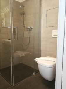 uma casa de banho com um chuveiro e um WC. em Alfa Riverside Brno em Brno