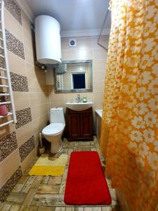 a bathroom with a toilet and a sink and a red rug at Dnipo river Apart #з видом на Дніпро in Dnipro