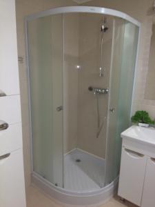 a shower with a glass enclosure in a bathroom at Dzintari in Liepāja +28 photos