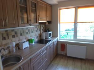 a kitchen with a sink and a microwave at Dzintari in Liepāja