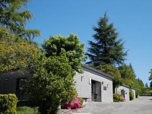 a building with a pine tree in the background at Albergue Monte Do Gozo in Santiago de Compostela