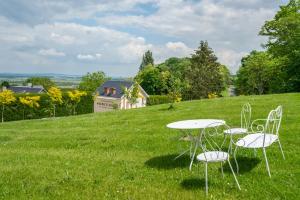 une table et des chaises assises sur une colline herbeuse dans l'établissement Gîte Rilly-la-Montagne, à Rilly-la-Montagne