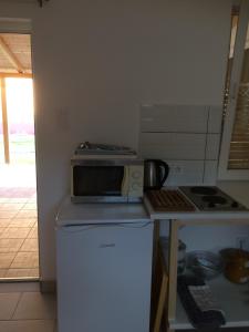 a microwave on top of a refrigerator in a kitchen at Teraszos ház in Balatonlelle