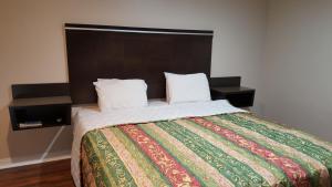 ACE Motel في باسادينا: غرفة نوم مع سرير كبير مع بطانية ملونة