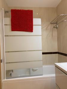 y baño con ducha y toalla roja. en Apartamentos Marina Dor Agua Marina en Oropesa del Mar