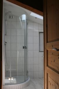 a shower with a glass door in a bathroom at Reitanlage Duffner in Horst +26 photos