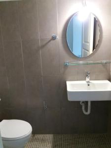 a bathroom with a sink and a toilet and a mirror at Amazon Studios in Agia Marina Nea Kydonias