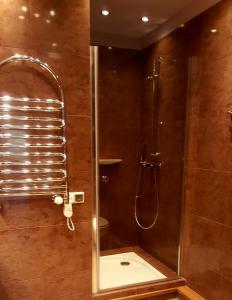 uma casa de banho com um chuveiro e uma porta de vidro em Studio 1 em Varsóvia