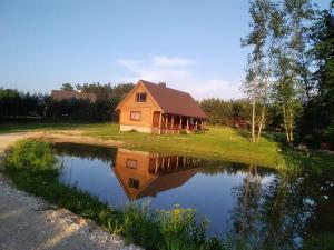 a house with a reflection in a body of water at Alisa kviečia. in Juodalaukiai