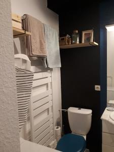 La salle de bains est pourvue de toilettes blanches et d'un tabouret bleu. dans l'établissement Talence, studio cosy 27 M2, Bordeaux 10 mn en tram, à Talence