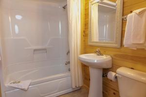 a bathroom with a sink and a shower and a toilet at Fairways Cottages in Cavendish