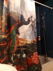 a shower curtain with a painting of a peacock at Talence, studio cosy 27 M2, Bordeaux 10 mn en tram in Talence