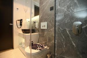 a bathroom with a toilet and a glass shower at Athinais Luxury Apartments in Hanioti