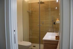 a bathroom with a shower and a toilet and a sink at Le Suite del Duomo in Cava deʼ Tirreni