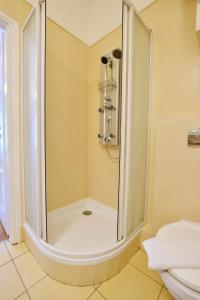 a bathroom with a shower and a toilet at Standard Apartment by Hi5 - Madách Imre 1 in Budapest