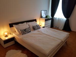 Un dormitorio con una cama con dos almohadas y una ventana. en Appartamento centro terme merano, en Merano