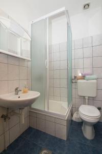 a bathroom with a shower and a toilet and a sink at Apartments Jaksa in Jelsa +14 photos