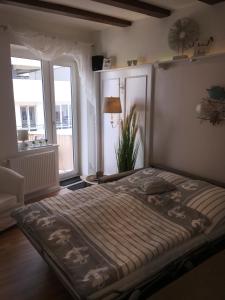 a bed in a room with a large window at Haus Solymar App. Meerblick in Grömitz