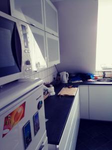 a kitchen with a counter top with a microwave at Cosy room in sydhavn in Copenhagen