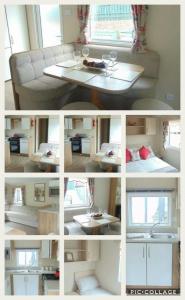a collage of photos of a living room with a table at Private Caravan on Golden Sands Holiday Park, North Wales in Foryd