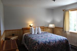 ein Schlafzimmer mit einem Bett mit zwei Kissen darauf in der Unterkunft Alpine Motel of Cooke City in Cooke City