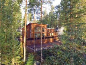une grande cabane en bois entourée d'arbres dans l'établissement PielisLinna, à Kolinkylä