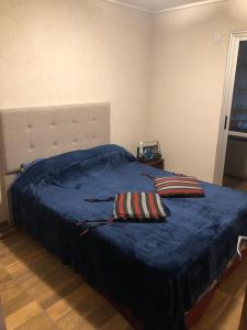 ein Schlafzimmer mit einem blauen Bett mit zwei Kissen in der Unterkunft Bellísimo Departamento in Mariano J. Haedo