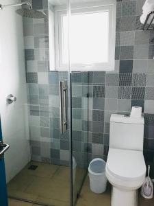 La salle de bains est pourvue d'une douche, de toilettes et d'une fenêtre. dans l'établissement Casa Boutique, à Chillán