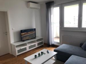 a living room with a tv and a couch and a table at Apartman STAR in Zagreb