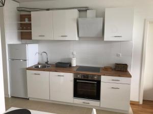 cocina con armarios blancos, fregadero y nevera en Apartman STAR en Zagreb