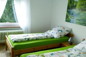 a bedroom with a bed with a green mattress and a window at Ferienwohnung Am Eichbühl in Waldkirch