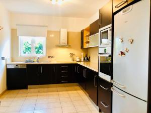 eine Küche mit schwarzen Schränken und einem weißen Kühlschrank in der Unterkunft Panorama Luxury Villa in Protaras
