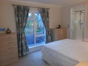 a bedroom with a bed and a window at Grand eagles Riverside Extra large lodge in Auchterarder