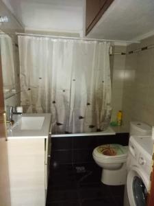 La salle de bains est pourvue de toilettes et d'un rideau de douche. dans l'établissement Ester's Sea Side apartment, à Néoi Epivátai