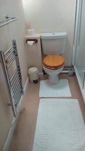 a bathroom with a toilet with a wooden toilet seat at The Lincolnshire Poacher Inn in Metheringham