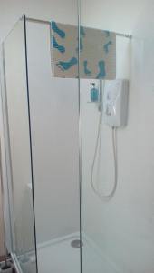 a shower with a glass door with blue birds on it at The Lincolnshire Poacher Inn in Metheringham