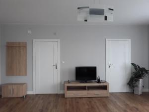 a living room with a tv on a table and two doors at Apartament WIKA in Wieliczka