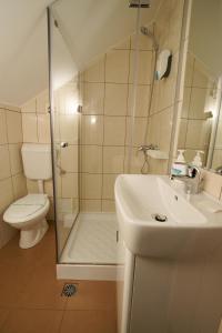 een badkamer met een douche, een wastafel en een toilet bij Vila Pretty Woman in Eforie Nord